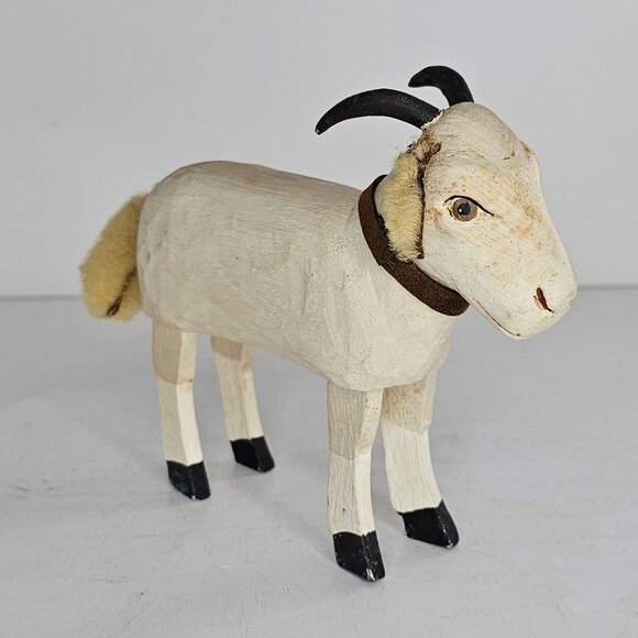 Bob Sprengelmeyer Handcrafted Wooden Goat Figurine With Fluffy Tail Horns Signed - Picture 4 of 9